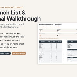 Punch List Template, Final Walkthrough Checklist, New Construction Punch List, Home Closeout Tracker, Excel Google Sheets