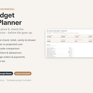 May include: A digital bathroom remodel budget and planner template featuring text headers, a list of project management features, and a dashboard preview. The document includes sections for layout checks, cost comparisons, change orders, and a punch list.