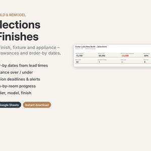 Peut inclure: Un modèle numérique pour les sélections et finitions de construction et rénovation, avec un tableau de bord pour suivre les budgets, les dates de commande et l'avancement par pièce. Inclut un tableau de données et des boutons Excel et Google Sheets.