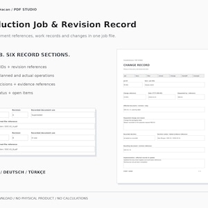 Op de afbeelding: Een digitaal sjabloon voor productieopdrachten en revisiegegevens met een documentkop, zes secties en een wijzigingsformulier. De lay-out bevat tabellen voor document-ID's, revisieverwijzingen en beslissingen over wijzigingen.