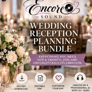 Puede incluir: Un paquete digital de planificación de recepción de bodas de Encore Sound con el texto "Everything you need for a smooth, fun and unforgettable celebration." Incluye iconos para descarga instantánea, PDF editable, personalización y experiencia DJ.