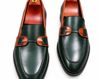 Men's Green Brown Loafers, Two Tone Dress Shoes, Classic Slip On Gentleman Footwear