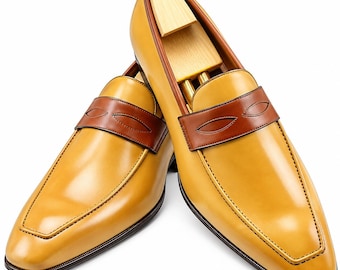 Mens Mustard Yellow Loafers, Brown Strap Penny Shoes, Two Tone Dress Loafers, Elegant Formal Wedding Footwear