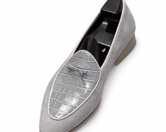 Womens Grey Loafers, Crocodile Pattern Slip On Shoes, Elegant Bow Detail Dress Flats, Classic Office and Party Footwear