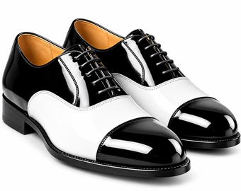 Men's Black White Oxford Shoes, Cap Toe Formal Dress Shoes, Wedding Lace Up