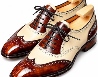 Men’s Two Tone Wingtip Oxford Shoes, Brown & Cream Leather Dress Shoes, Vintage Brogue Formal Wedding Shoes, Handmade Classic Footwear