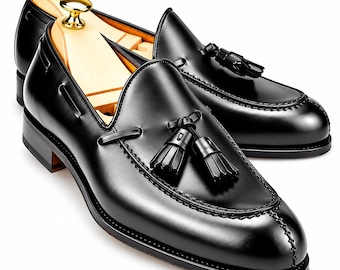 Men's Black Leather Tassel Loafers, Handmade Slip-On Dress Shoes