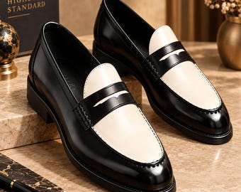 Mocasines de cuero bicolor hechos a mano para hombre, zapatos de vestir formales sin cordones.