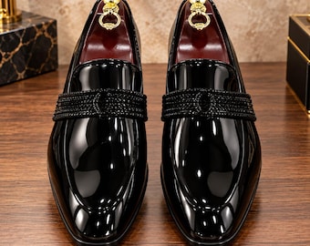 Handmade Black Patent Leather Loafers, Gold Ring Embellished Dress Shoes (Formal Slip-Ons)