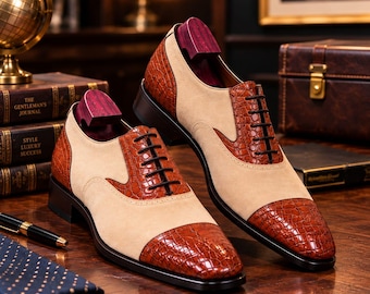 Scarpe Oxford da uomo di lusso, realizzate a mano in pelle scamosciata e con stampa coccodrillo, calzature formali di lusso.
