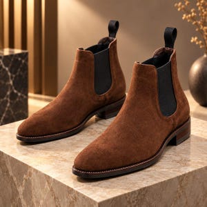 Könnte beinhalten: Ein Paar braune Chelsea-Boots aus Wildleder mit schwarzen elastischen Seiteneinsätzen, schwarzen Zuglaschen an der Ferse sowie einem dunkelbraunen Blockabsatz und einer passenden dunkelbraunen Sohle. Die Stiefel haben eine abgerundete Zehenpartie.