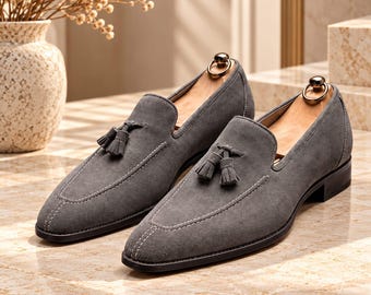Handmade Grey Suede Tassel Loafers, Men's Formal Slip-On Shoes