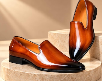 Handmade Cognac Patent Leather Loafers, Burnished Brown Black Slip-On Dress Shoes