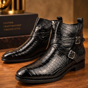 Handgefertigte Chelsea Boots aus schwarzem, krokodilgeprägtem Leder, mit Schnallenriemen