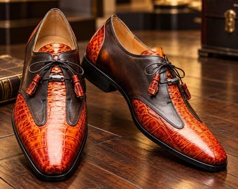 Handgefertigte Oxford-Schuhe aus braunem Leder, geprägtes Krokodilmuster, formelle Herrenschuhe