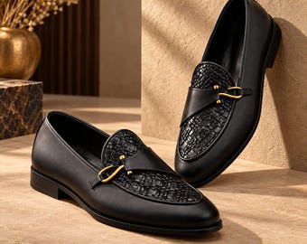 Handmade Black Leather Loafers, Woven Design, Gold Hardware, Formal Slip-On Shoes