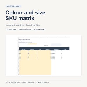 以下が含まれることがあります： 衣料品のバリエーションと計画数量のための「Colour and size SKU matrix」というタイトルのExcelワークブックテンプレート。スプレッドシートには、カラーコード、カラー名、サイズ、計画ユニット、生成されたSKU、およびチェックステータス列の項目が含まれています。