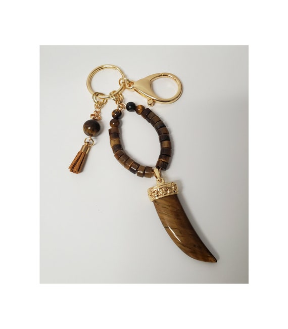 AIVILOD Tiger Eye Keychain, Gemstone Bag Charms, Keychain with Clasp, Gold Keychain Accessories, Mini Tassel Keychain, Horn Pendant, Beaded Key Ring