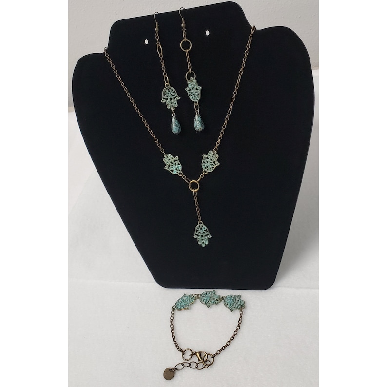 Patina jewelry for women Amulet necklace Jewelry gifts 3 piece set Spiritual jewelry Hamsa Hand Jewelry Set Jewelry set for women