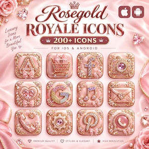 Könnte beinhalten: Ein digitales Set von Rosegold Royale Icons für iOS und Android mit über 200 App-Symbolen in Roségold, verziert mit Perlen, Kristallen und Schleifen auf einem Hintergrund aus hellrosa Satin mit verschiedenen App-Symbolen.