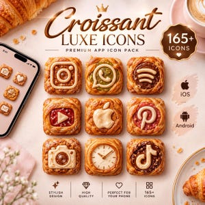 Croissant Luxe-ikoner, 165+ beige estetiska appikoner för iOS och Android, neutralt franskt bageri-ikonpaket, söt lyx