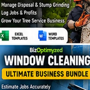 May include: A digital business bundle for tree service and window cleaning companies. The graphic features text including Manage Disposal & Stump Grinding, Log Jobs & Profits, Grow Your Tree Service Business, BizOptimyzed, and WINDOW CLEANING ULTIMATE BUSINESS BUNDLE.