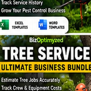 Könnte beinhalten: Ein digitales Geschäftspaket für Baumdienste mit dem Titel BizOptimyzed Tree Service Ultimate Business Bundle. Es enthält grüne Häkchen, Text zur Nachverfolgung der Servicehistorie sowie Excel- und Word-Vorlagen für Unternehmen.
