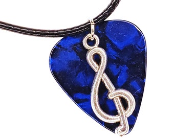 Guitar Pick Necklace Treble Clef on Blue