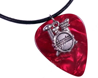 Handmade Guitar Pick Necklace | Drums on Red | Gift for Music Lover
