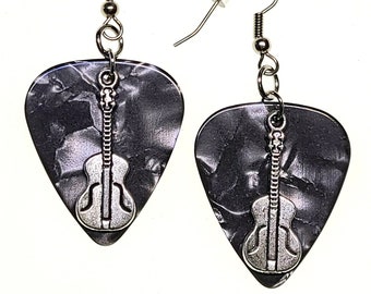 Guitar Pick Earrings Guitars on Gray | Handmade