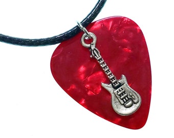 Handmade Guitar Pick Necklace Electric Guitar Charm on Red Pick | Gift for Music Lover