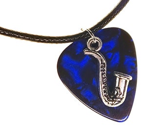 Guitar Pick Necklace | Sax on Blue | Gift for Music Lover