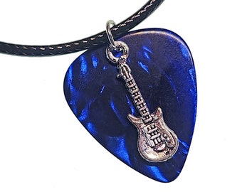 Guitar Pick Necklace Electric Guitar on Blue Pearl