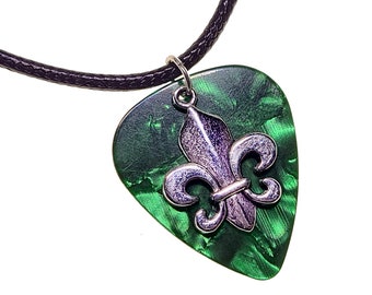 Handmade Guitar Pick Necklace Fleur de Lis on Green