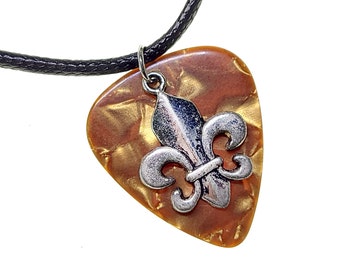 Handmade Guitar Pick Necklace Fleur de Lis on Bronze/Gold