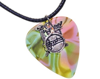 Guitar Pick Necklace Drums on Rainbow Pearl