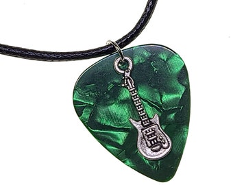 Guitar Pick Necklace Electric Guitar on Green Pearl