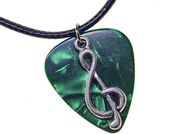 Guitar Pick Necklace Treble Clef on Green