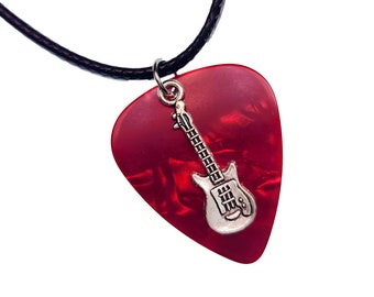 Handmade Guitar Pick Necklace | Electric Guitar Charm on Red | Gift for Music Lover