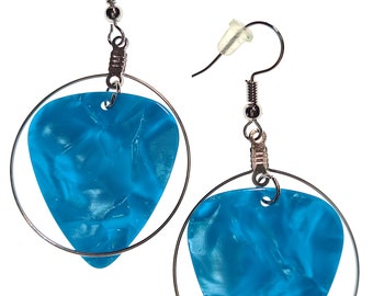 Handmade Guitar Pick Earrings | Hoop Style | Turquoise Pearl | Gift for Music Lover