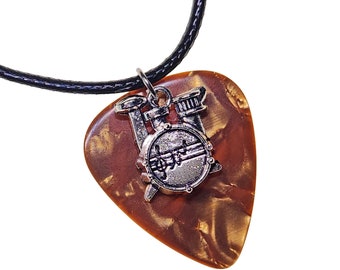 Guitar Pick Necklace Drums on Bronze/Gold