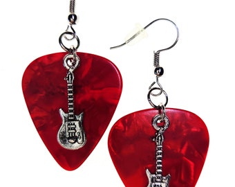 Hand Made Guitar Pick Earrings | Electric Guitars on Red | Gift for Musician