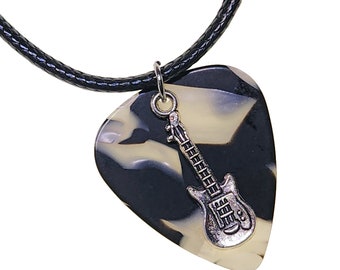 Handmade Guitar Pick Necklace Electric Guitar on Black & White