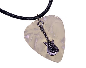 Guitar Pick Necklace Electric Guitar on White Pearl