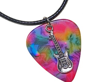 Handmade Guitar Pick Necklace Electric Guitar on Tie Dye | Gift for Music Lover