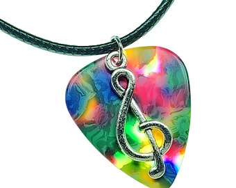 Handmade Guitar Pick Necklace | Treble Clef on Tie Dye | Gift for Music Lover