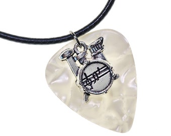Guitar Pick Necklace Drums on White Pearl