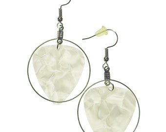 Handmade Guitar Pick Earrings | Hoop Style | White Pearl