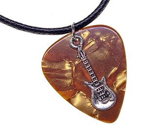 Guitar Pick Necklace Electric Guitar on Bronze Pearl