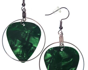 Hand Made Guitar Pick Earrings | Hoop Style | Green Pearl | Gift for Music Lover